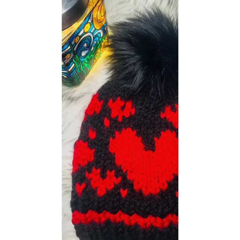 Goth Hearts Hand Knit Beanie: Chunky Valentine's Hat with Faux Fur Pom